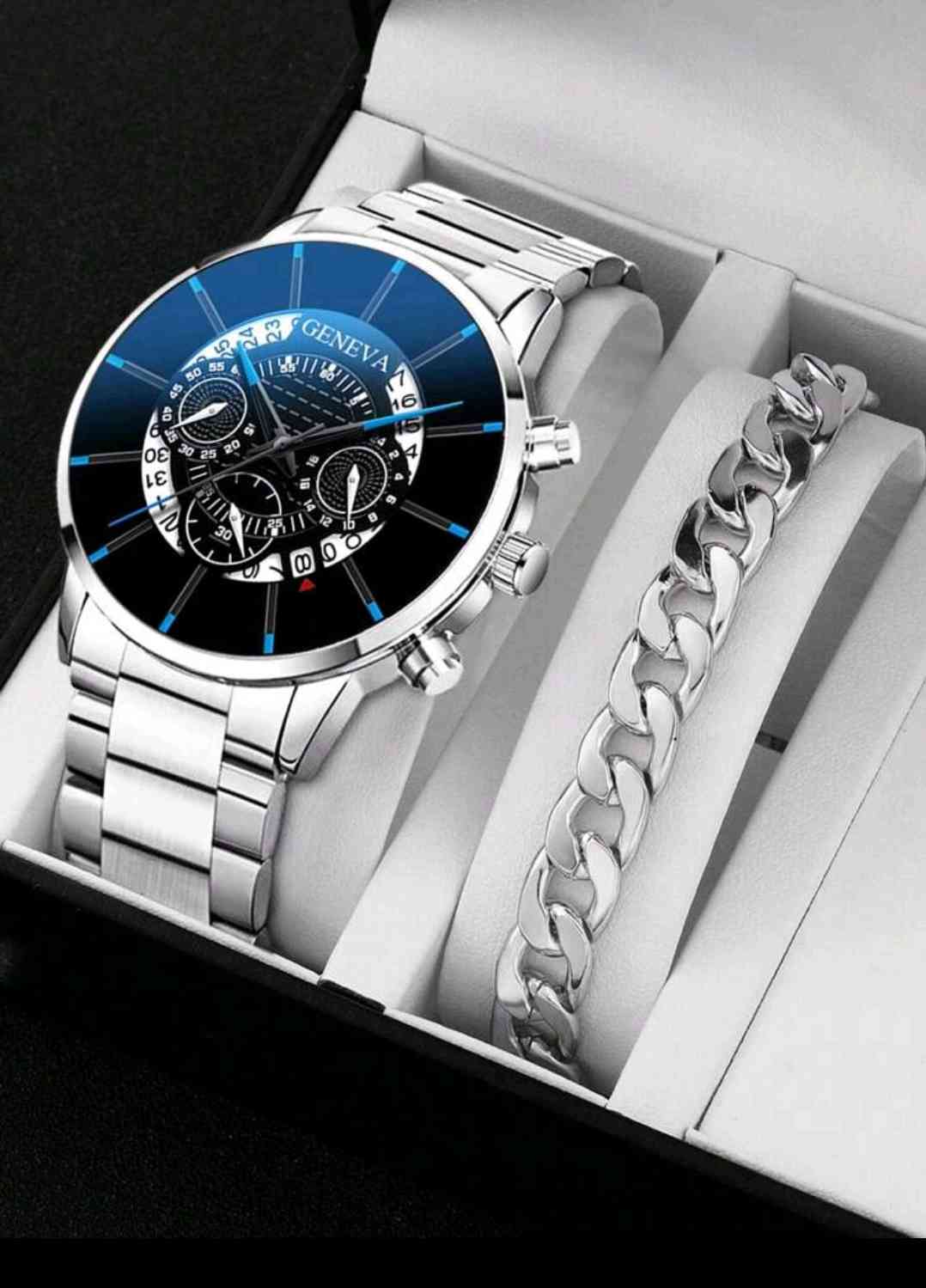 1 piece fashionable men's quartz watch with calendar in silver colour + 1 piece men's business stainless Steel wristwatch