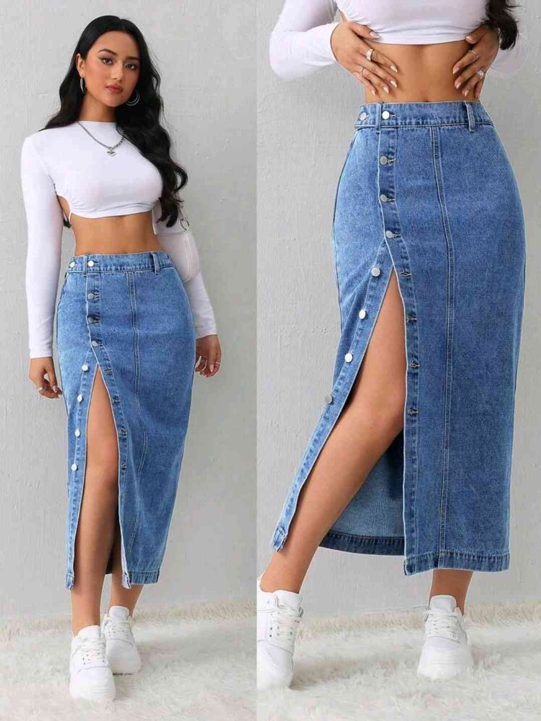 SHEIN Tall Women's Denim Skirt Casual Cut Side Slit Blue Midi Skirt Long Women's Skirt Light Blue  Skirt Winter Clothing for women
