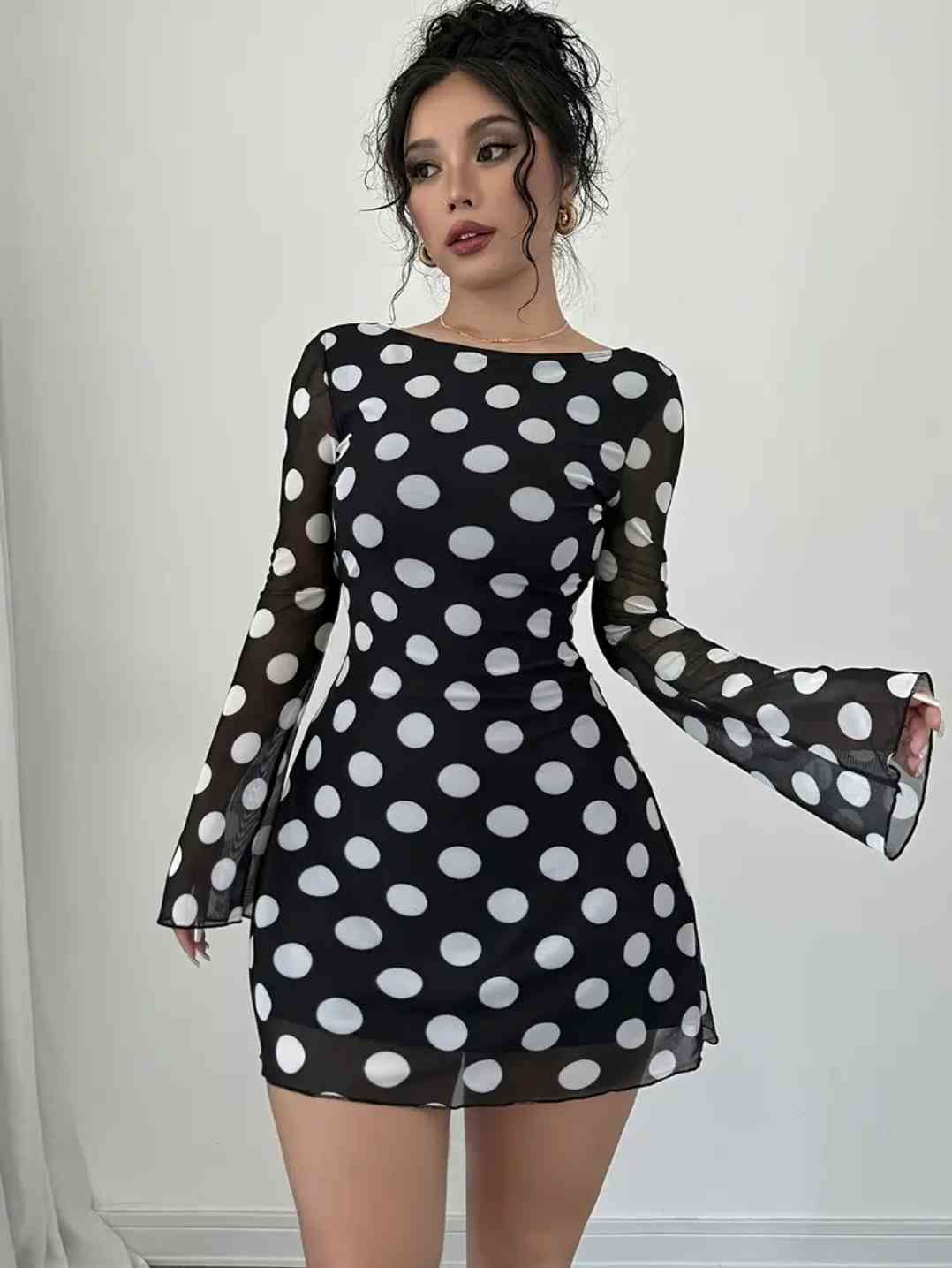 Women's Jewellery elegant black and white polka dot backless mesh mini dress with flared sleeves