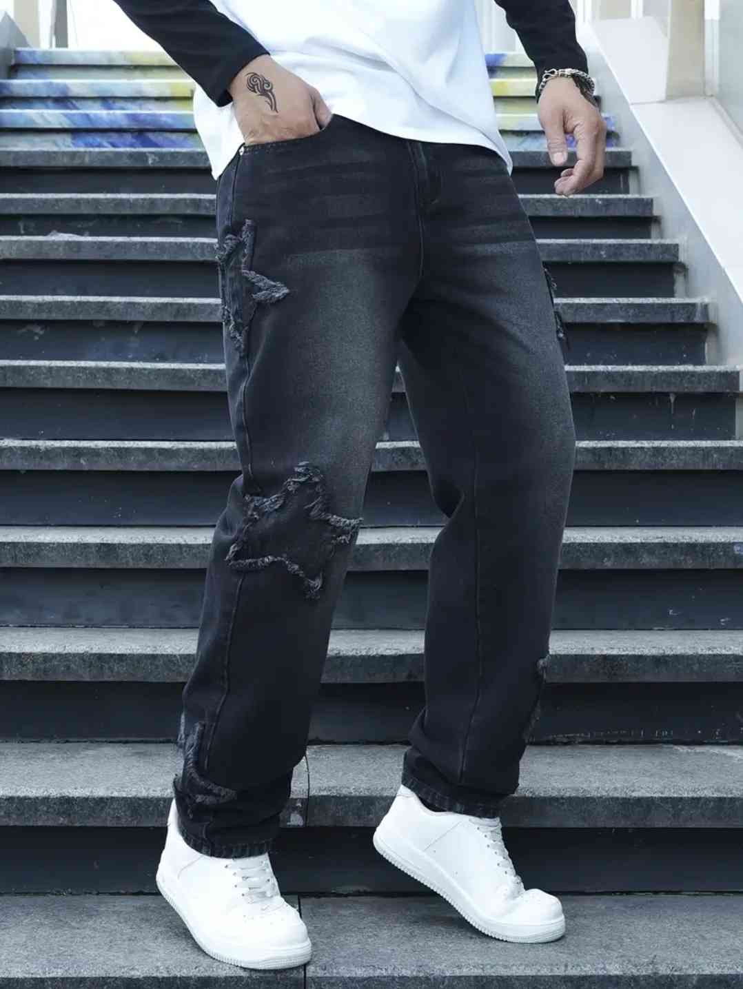 Men's fashion casual jeans with dark grey embroidery - cotton, straight leg, regular fit, non-stretch fabric with distressed details, all-season clothing, casual wear jeans