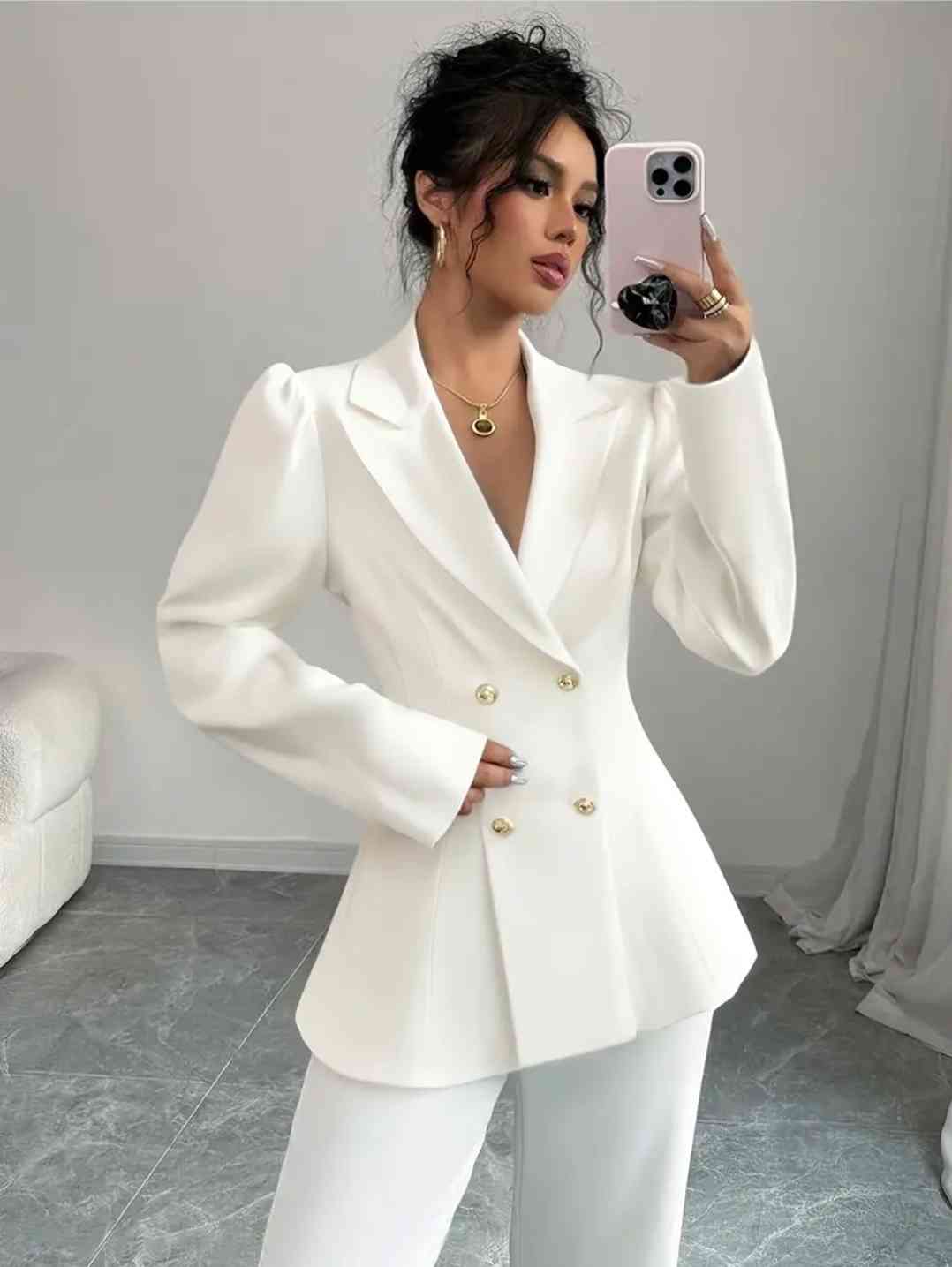 Elegant double-breasted blazer for women - chic polyester jacket with long sleeves and button details