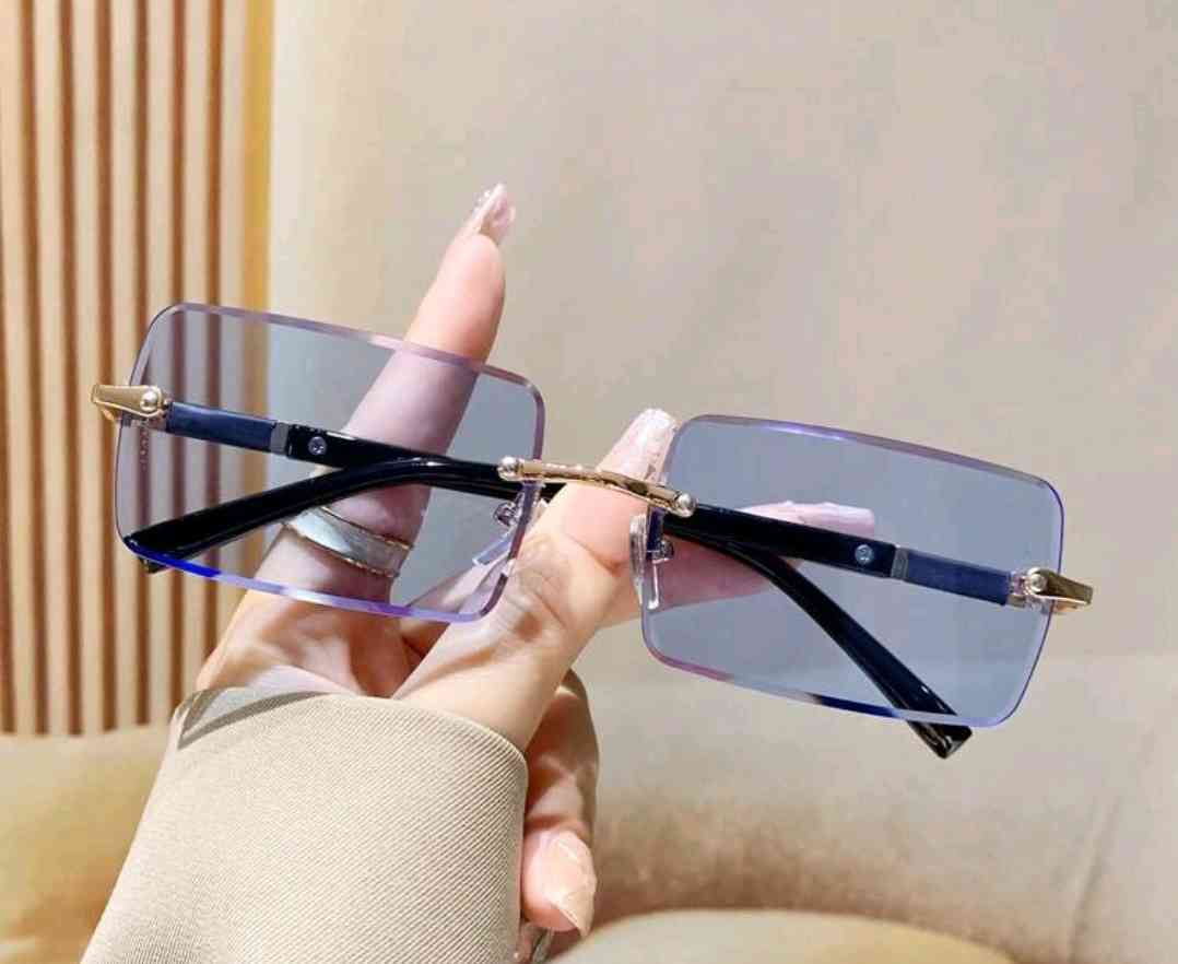 Rectangular frame less sunglasses for men/women, metallic retro fashion style