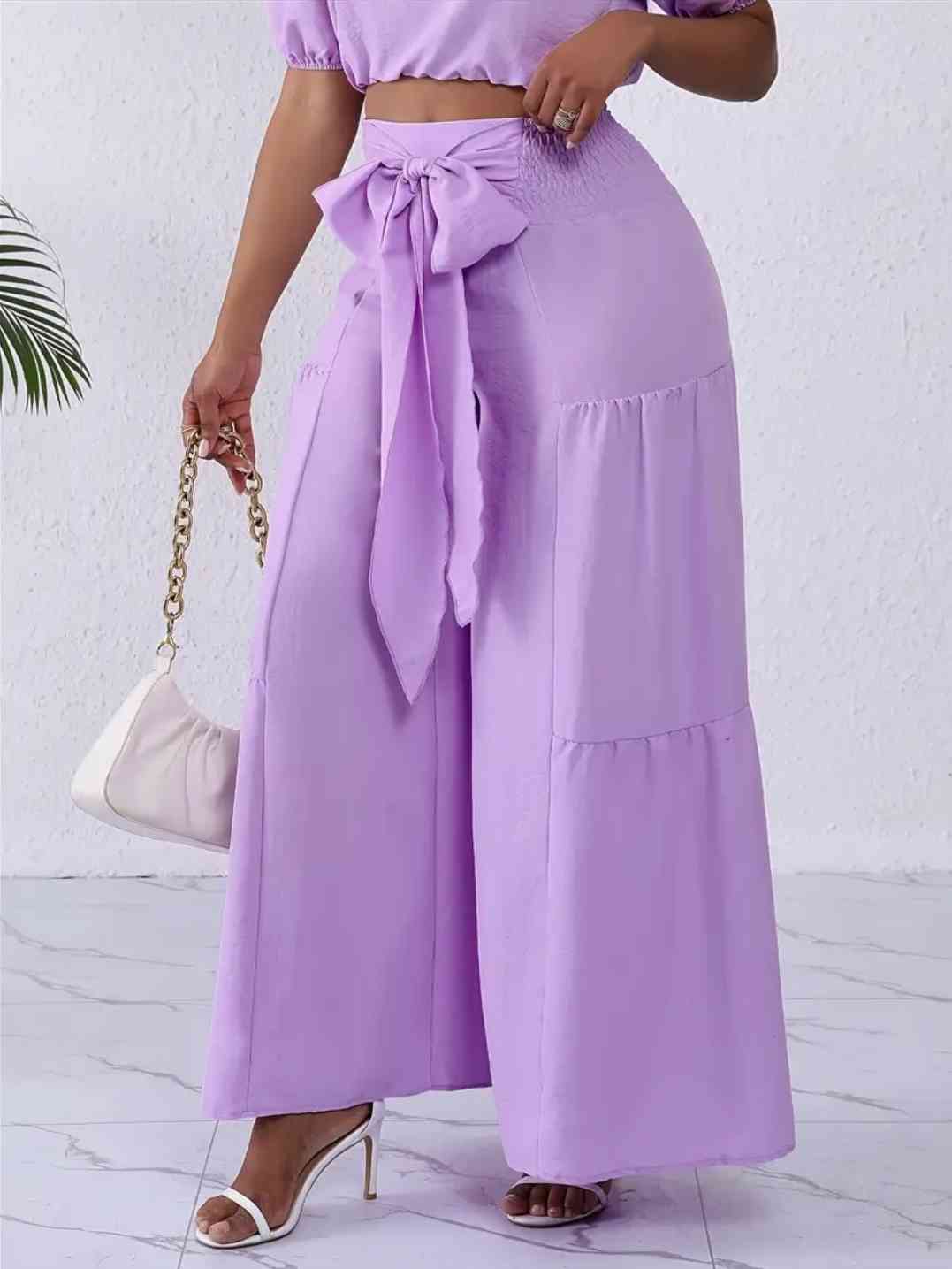 Women's Lavender leisure trousers with wide legs and gathered waistband
