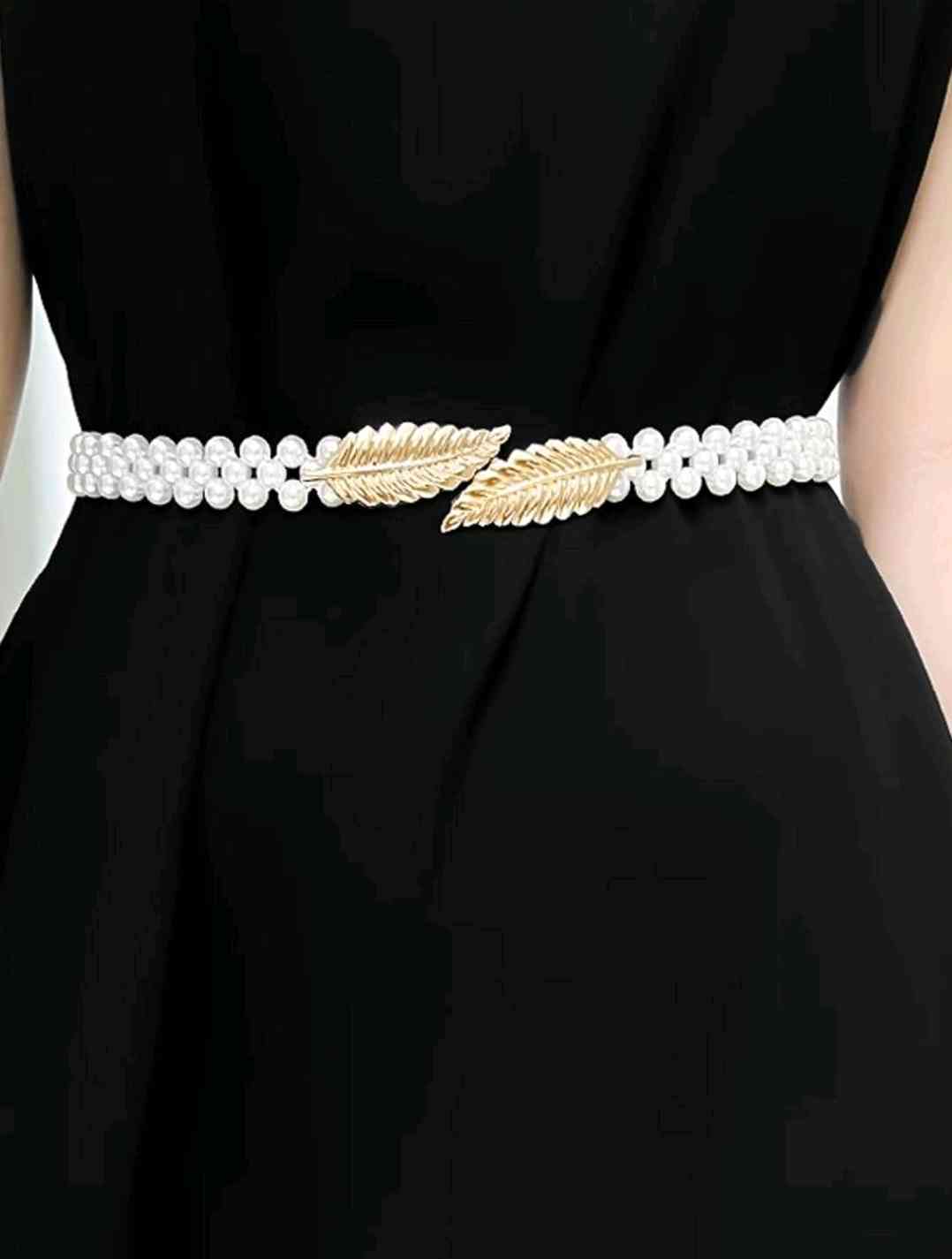 Elegant belt for women with a buckle leaf decorated with artificial pearls for everyday decoration