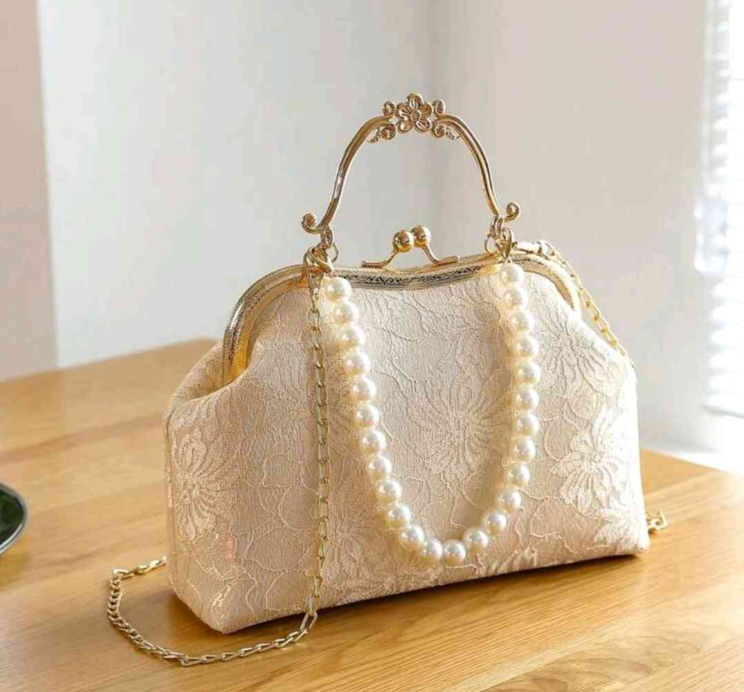 Handbag, Shoulder bag, crossbody bag with pearl decoration in a simple and fashionable style, made of lace material, Chinese-style clutch, elegant evening bag for women