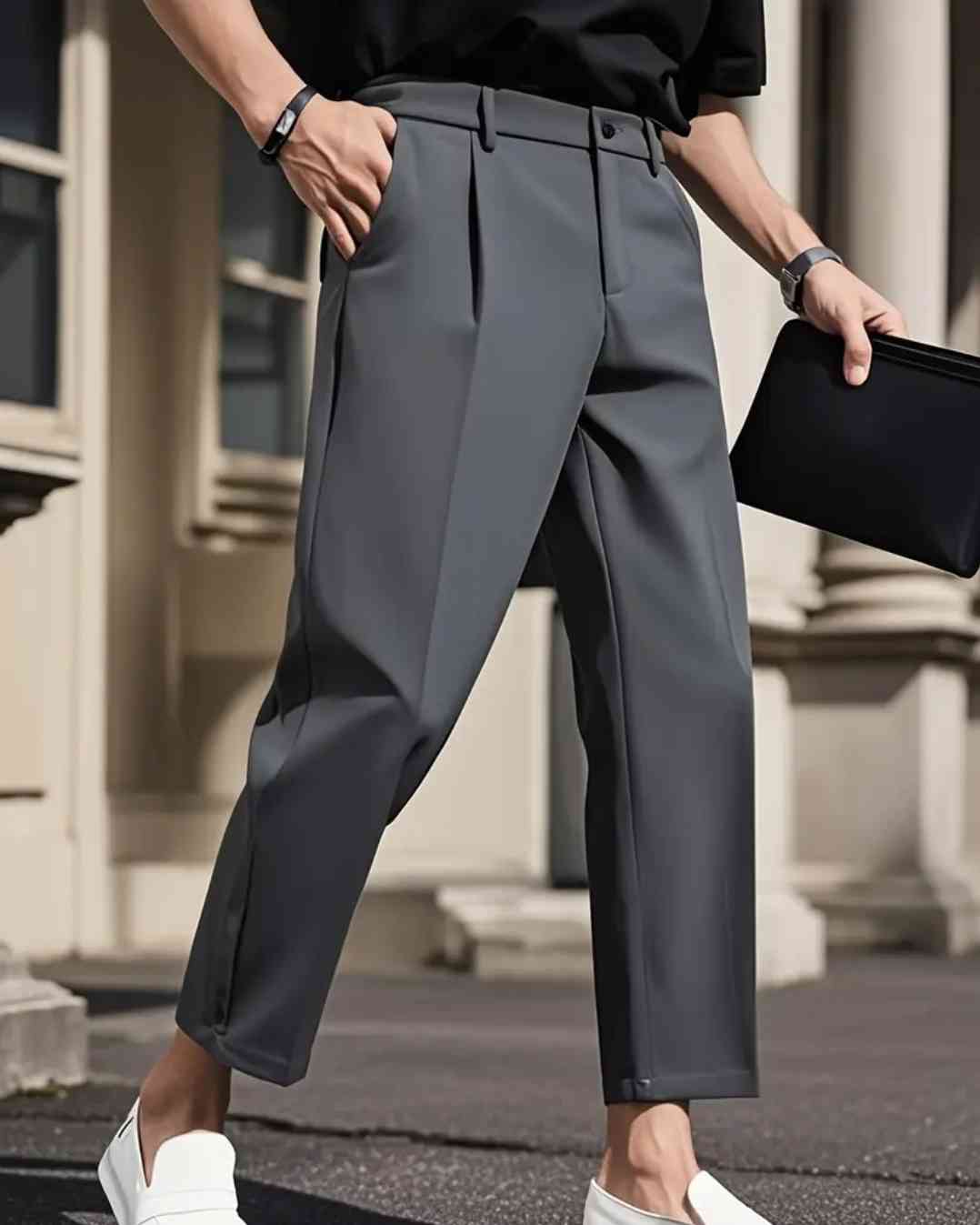 Stylish black slim-fit trousers for men - comfort for all seasons, polyester blend, drawstring waistband, faux pockets, casual business wear