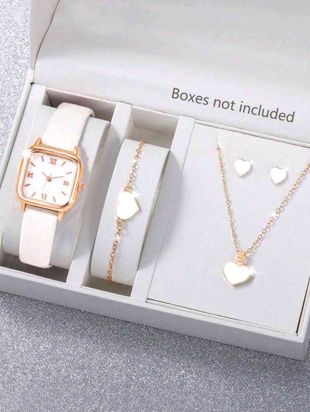 SOKI SOKI 5 pieces/set women's watch with PU strap Casual quartz watch and hearth necklace, earrings, bracelet jewellery set