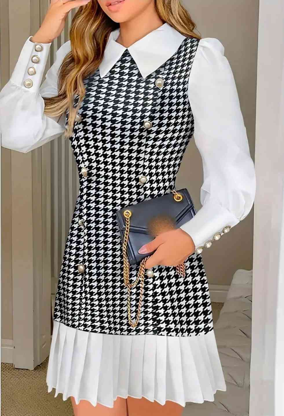 Elegant women's houndstooth dress with red pleated skirt