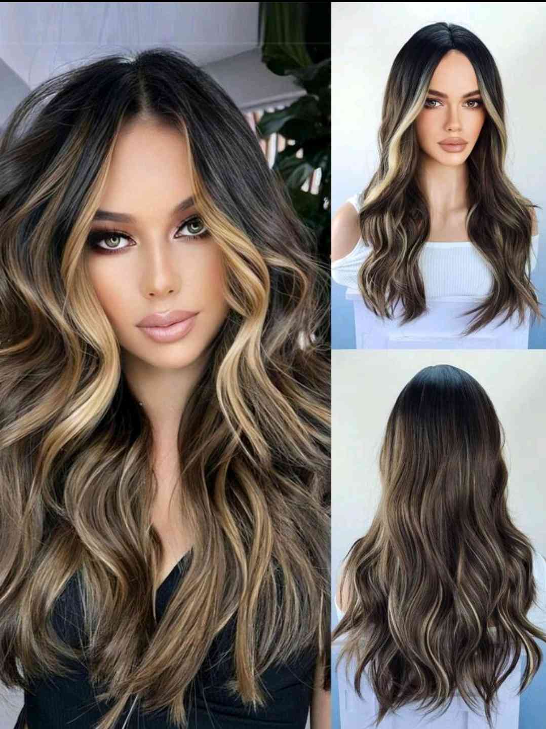 Blonde Highlight Wigs for Women, 24-inch Long Curly Synthethic Wigs with Centre Parting, Blonde Highlights Hair, Loose Wavy Wigs, Heat Resistant