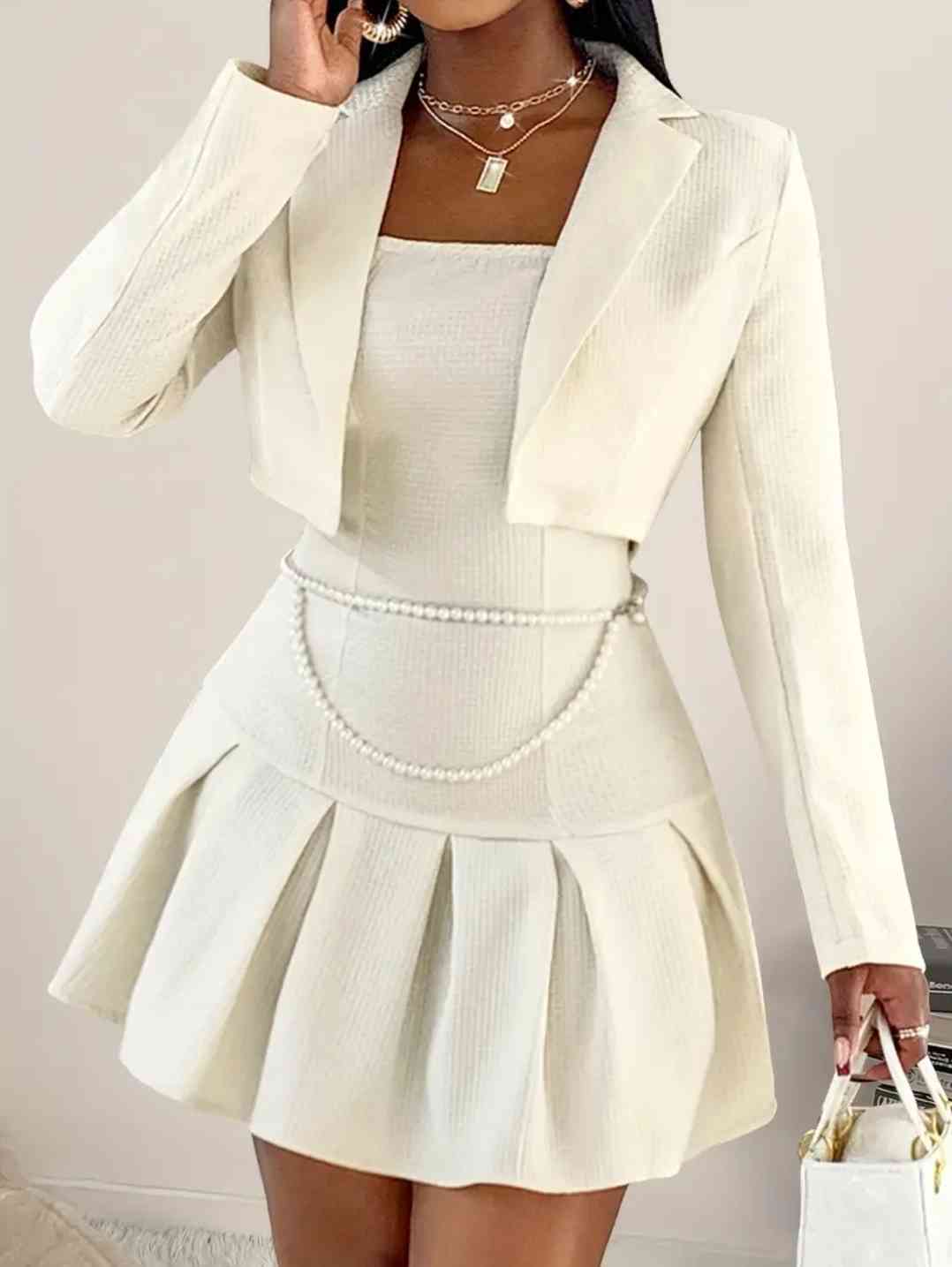 Women's Fashion Short Suit Jacket and Pleated Umbrella Swing Mini Dress Set, Cute old money style