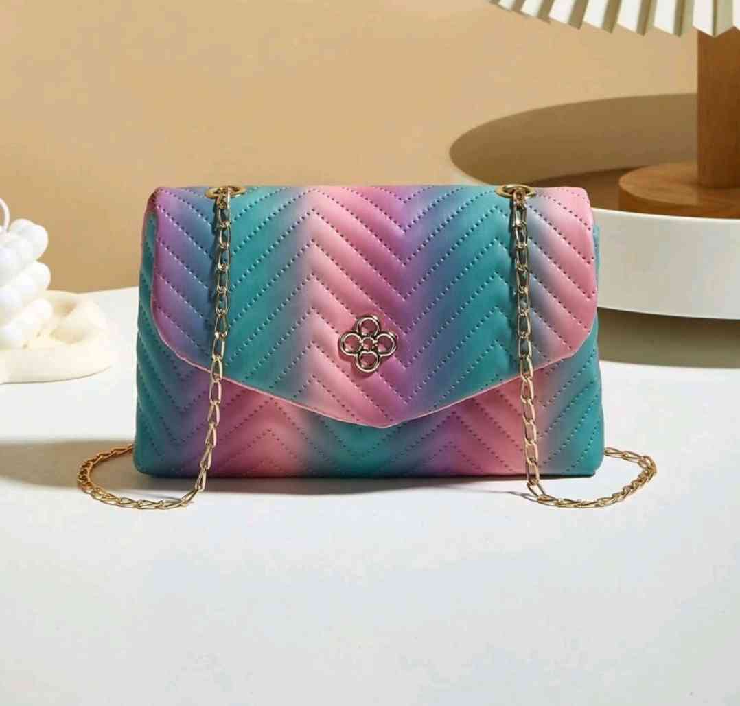 Small, fashionable rainbow shoulder bag with lightweight chain strap for women, trendy, colourful handbag for women
