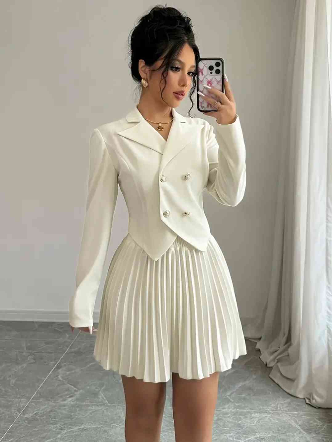 Women's suit jacket with lapels and double-breasted fastening in plain colours, pleated skirt, -New Elegance Edition 2025