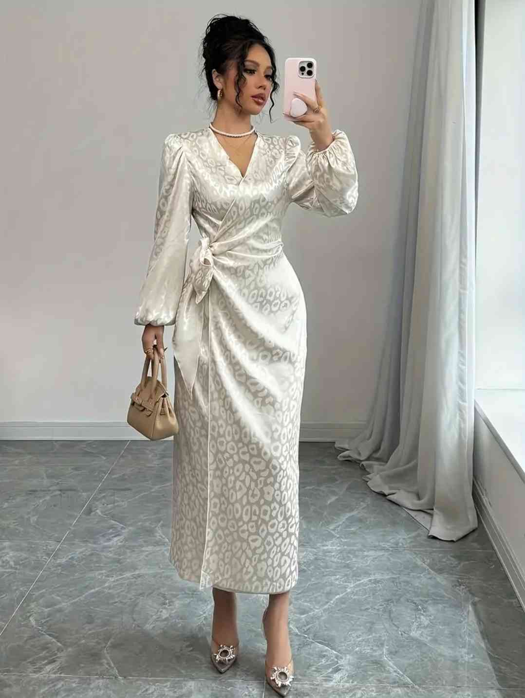 Women's elegant Satin finish V-neck long-sleeved dress with drawstring waist and lace pattern