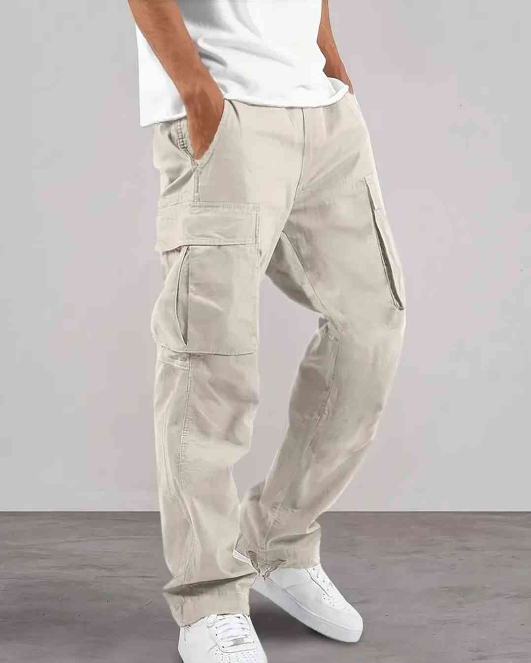 Lightweight beige cargo trousers for men with drawstring waist, multiple pockets and zip details- durable polyester for leisure