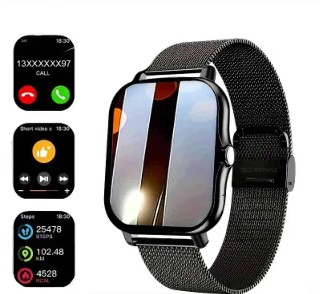 SOVOADUR Unisex Sports Smart Watch with wireless calls, touchscreen, wireless compatibility with Android &iOS, message notifications, date & 24-hour display, USB charging, stainless Steel band