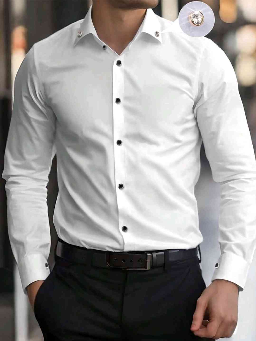 L'on-sleeved shirt for men with diamond button collar, soft and Breathable formal casual wear for work