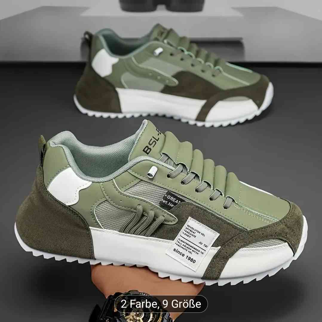 Men's Casual Sneakers - Breathable canvas running shoes with non-slip PVC soles, laces, olive green and white
