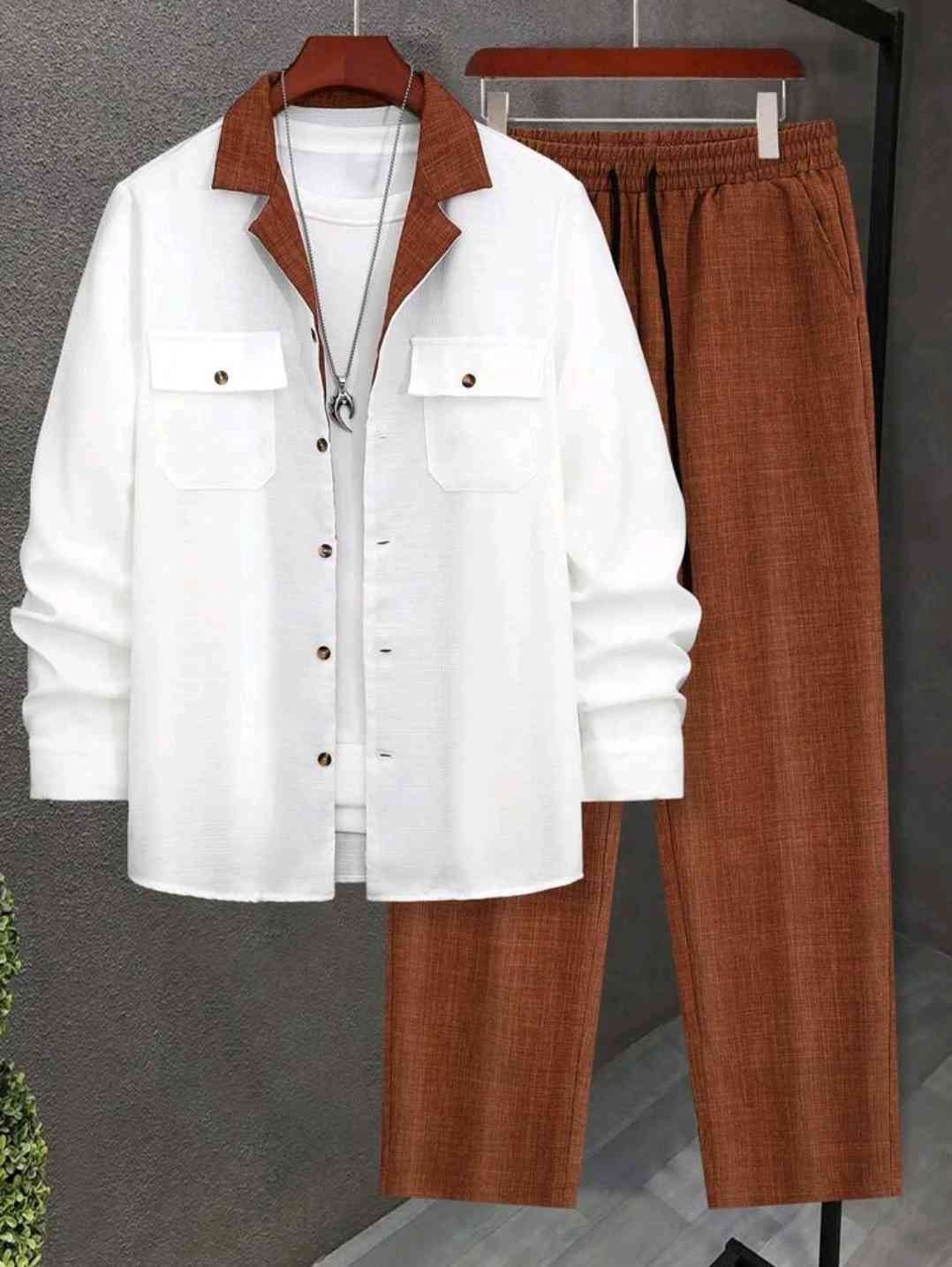 2-piece men's autumn set with contrasting trim, single-breasted collar, double pockets, long-sleeved short &casual trousers with drawstring waist