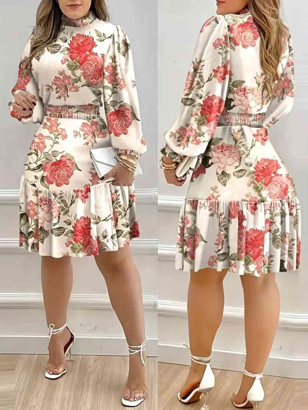 Floral mini dress with elegant long sleeves and Ruffle details for women
